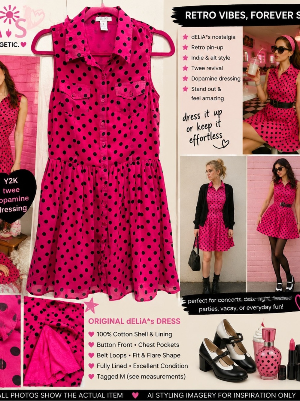 dELiA*s Pink Black Polka Dot Cotton Shirtdress M Retro Twee Fit Flare Rockabilly